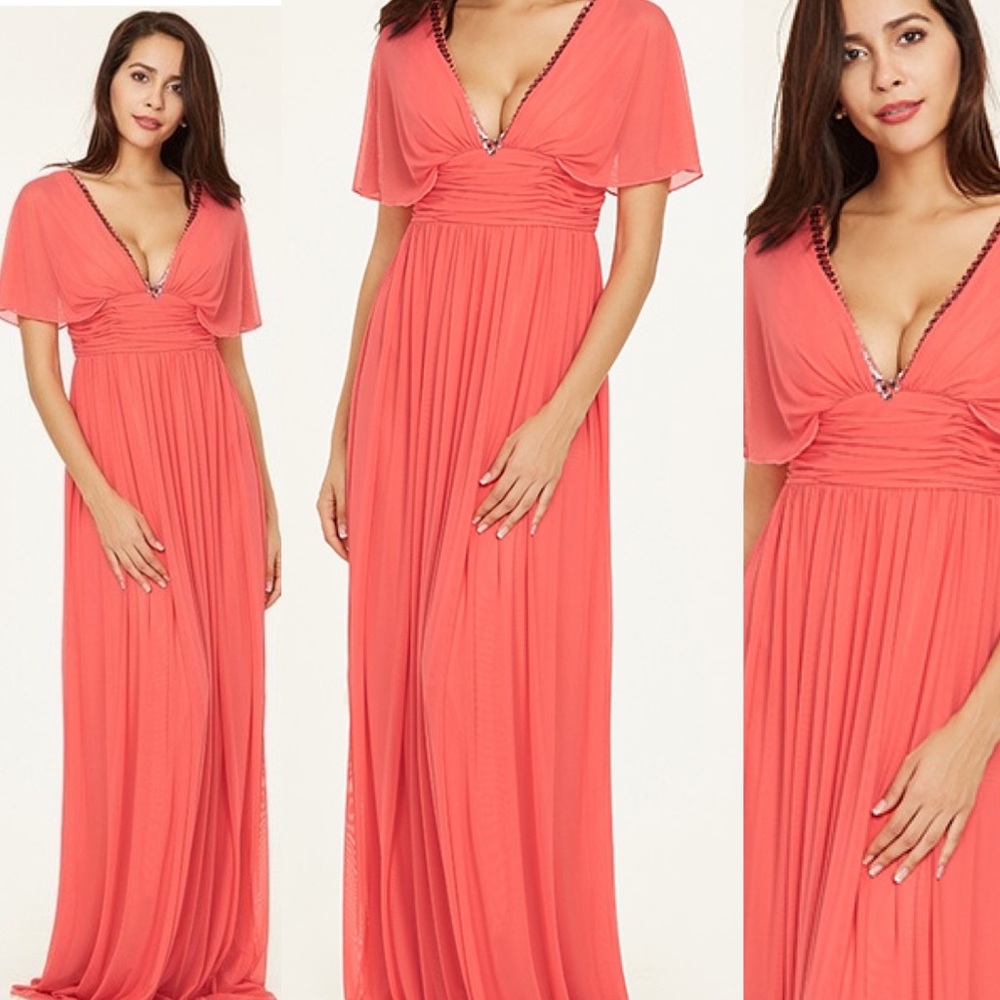 Orange Formal Stretchy Deep V jeweled Dress